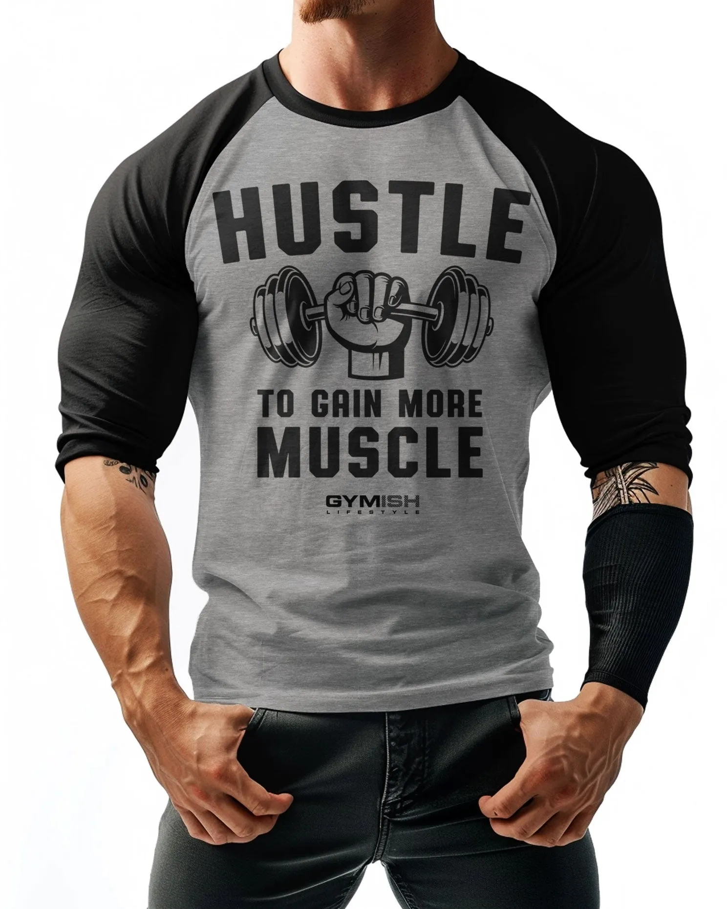011. RAGLAN Hustle To Gain More Muscle Workout Funny Gym T-Shirt for Men