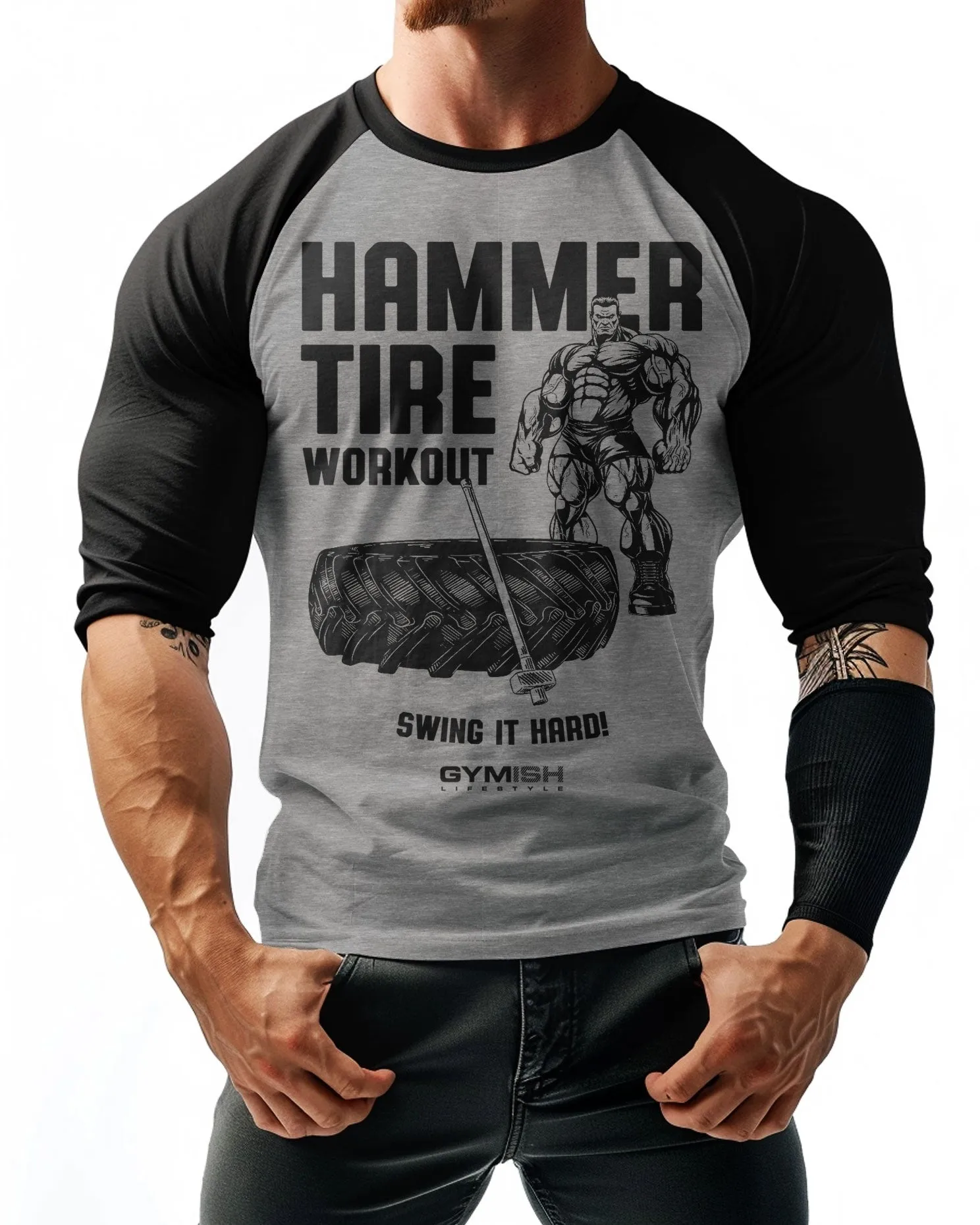 050. RAGLAN Hammer Tire Workout Gym T-Shirt for Men