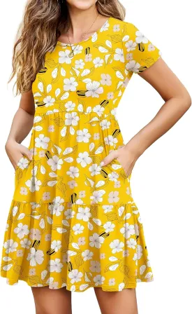 2025 Spring Summer Short Sleeve T-Shirt Dress – Ruffle Tiered Swing Sundress with Pockets for Beach & Daily Wear