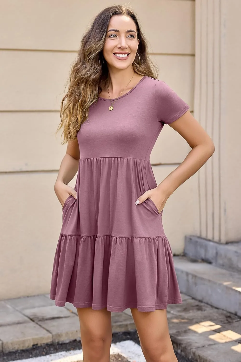 2025 Spring Summer Short Sleeve T-Shirt Dress – Ruffle Tiered Swing Sundress with Pockets for Beach & Daily Wear