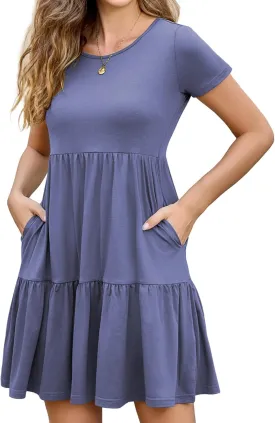 2025 Spring Summer Short Sleeve T-Shirt Dress – Ruffle Tiered Swing Sundress with Pockets for Beach & Daily Wear