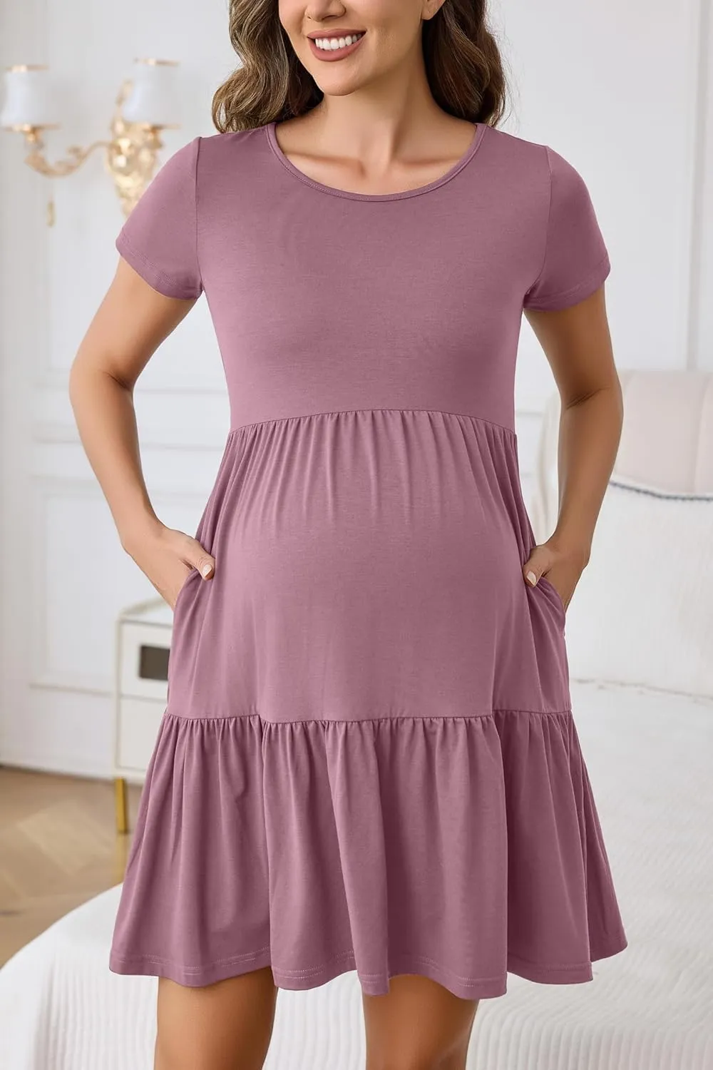 2025 Spring Summer Short Sleeve T-Shirt Dress – Ruffle Tiered Swing Sundress with Pockets for Beach & Daily Wear