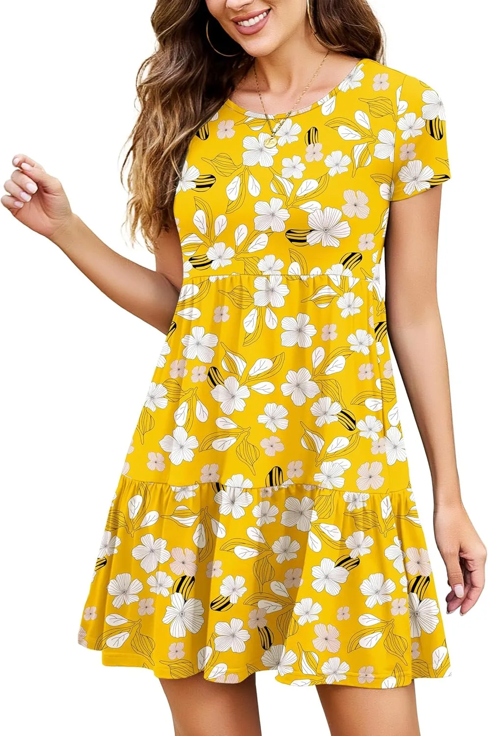 2025 Spring Summer Short Sleeve T-Shirt Dress – Ruffle Tiered Swing Sundress with Pockets for Beach & Daily Wear