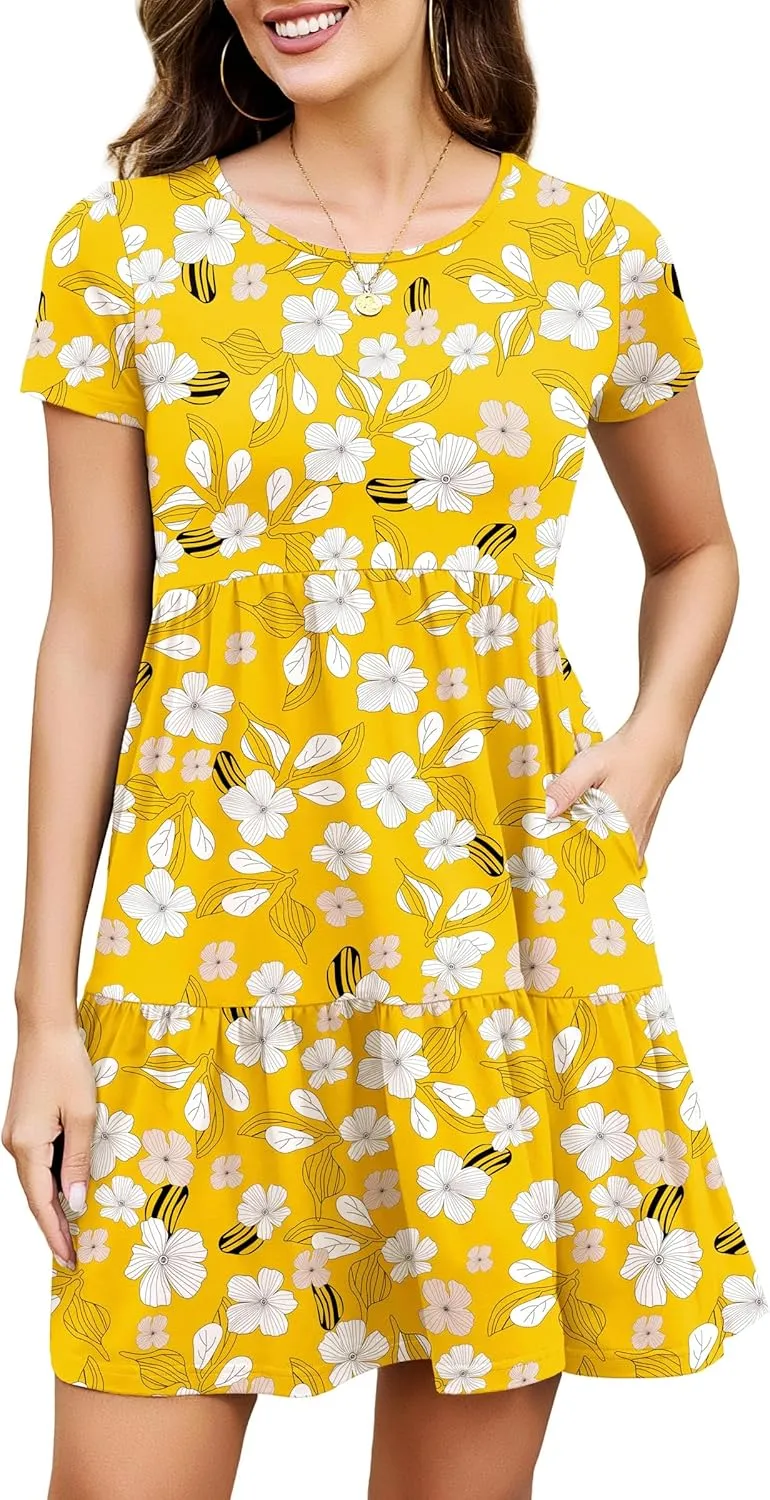2025 Spring Summer Short Sleeve T-Shirt Dress – Ruffle Tiered Swing Sundress with Pockets for Beach & Daily Wear