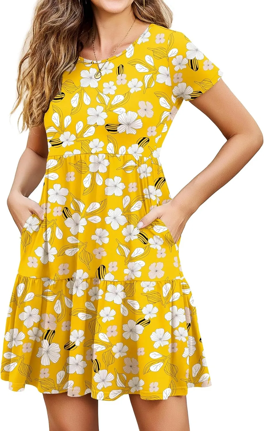 2025 Spring Summer Short Sleeve T-Shirt Dress – Ruffle Tiered Swing Sundress with Pockets for Beach & Daily Wear