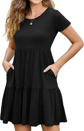 2025 Spring Summer Short Sleeve T-Shirt Dress – Ruffle Tiered Swing Sundress with Pockets for Beach & Daily Wear