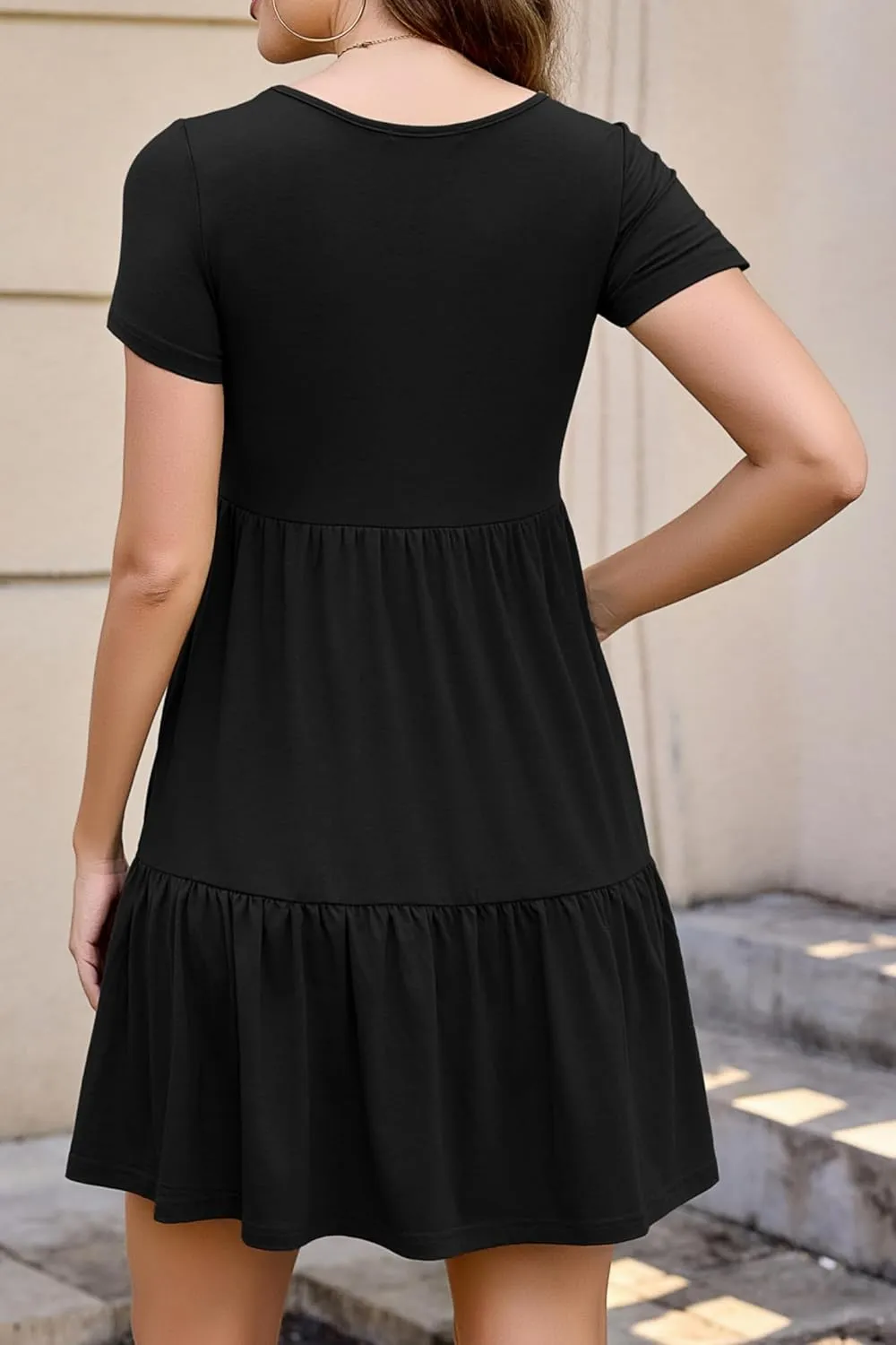 2025 Spring Summer Short Sleeve T-Shirt Dress – Ruffle Tiered Swing Sundress with Pockets for Beach & Daily Wear