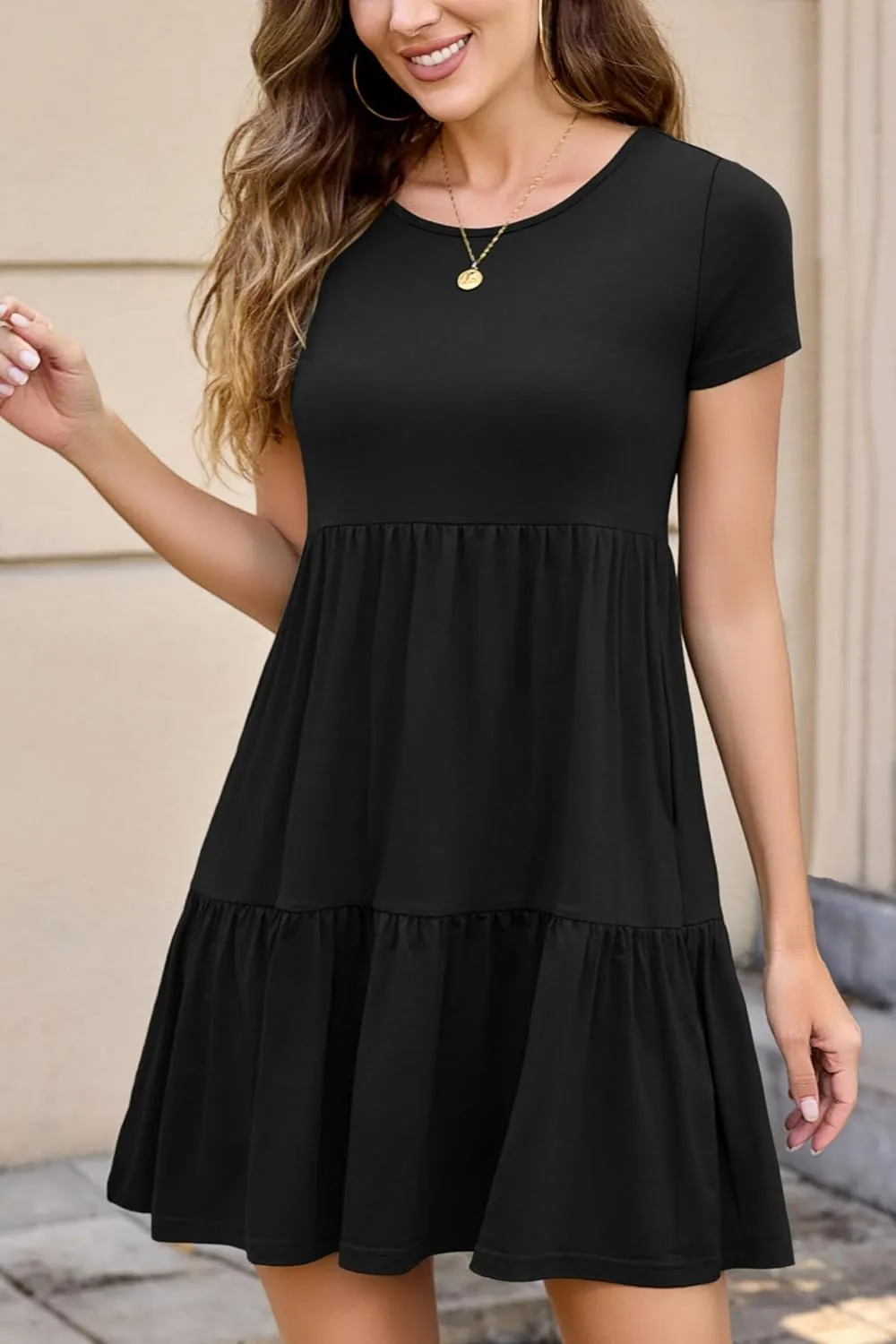2025 Spring Summer Short Sleeve T-Shirt Dress – Ruffle Tiered Swing Sundress with Pockets for Beach & Daily Wear