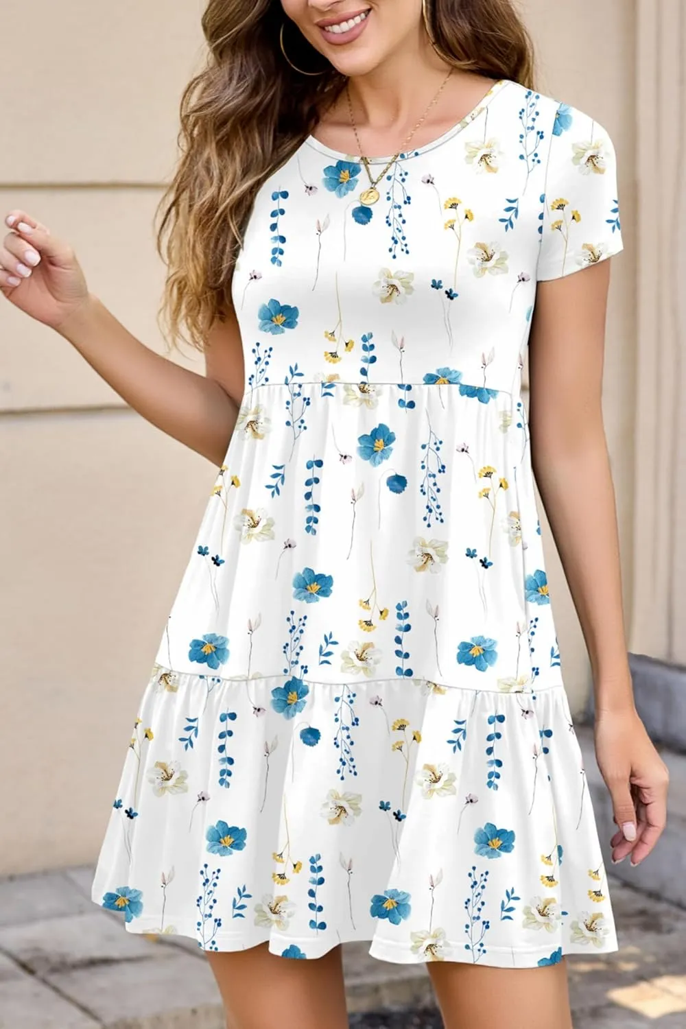 2025 Spring Summer Short Sleeve T-Shirt Dress – Ruffle Tiered Swing Sundress with Pockets for Beach & Daily Wear