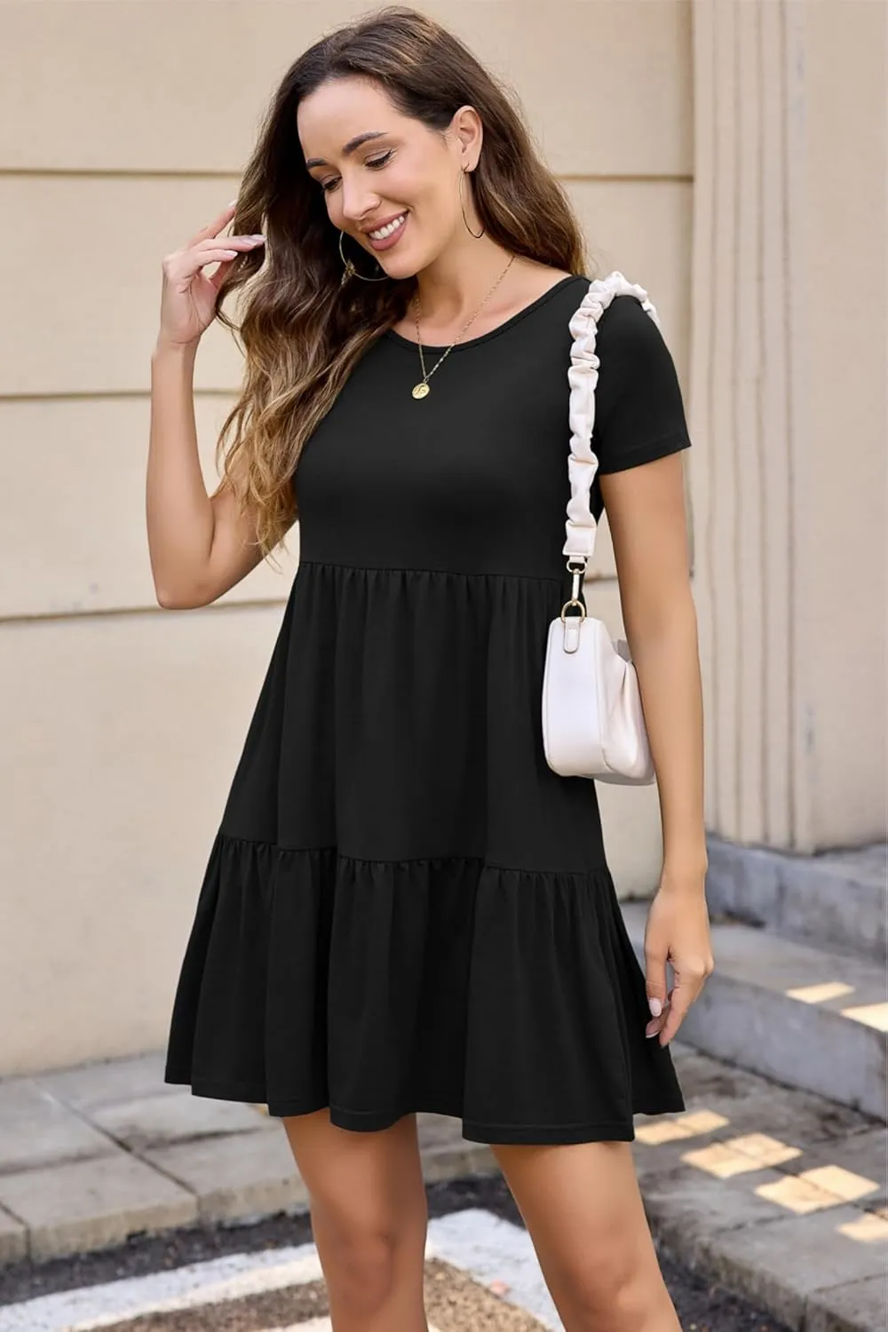 2025 Spring Summer Short Sleeve T-Shirt Dress – Ruffle Tiered Swing Sundress with Pockets for Beach & Daily Wear