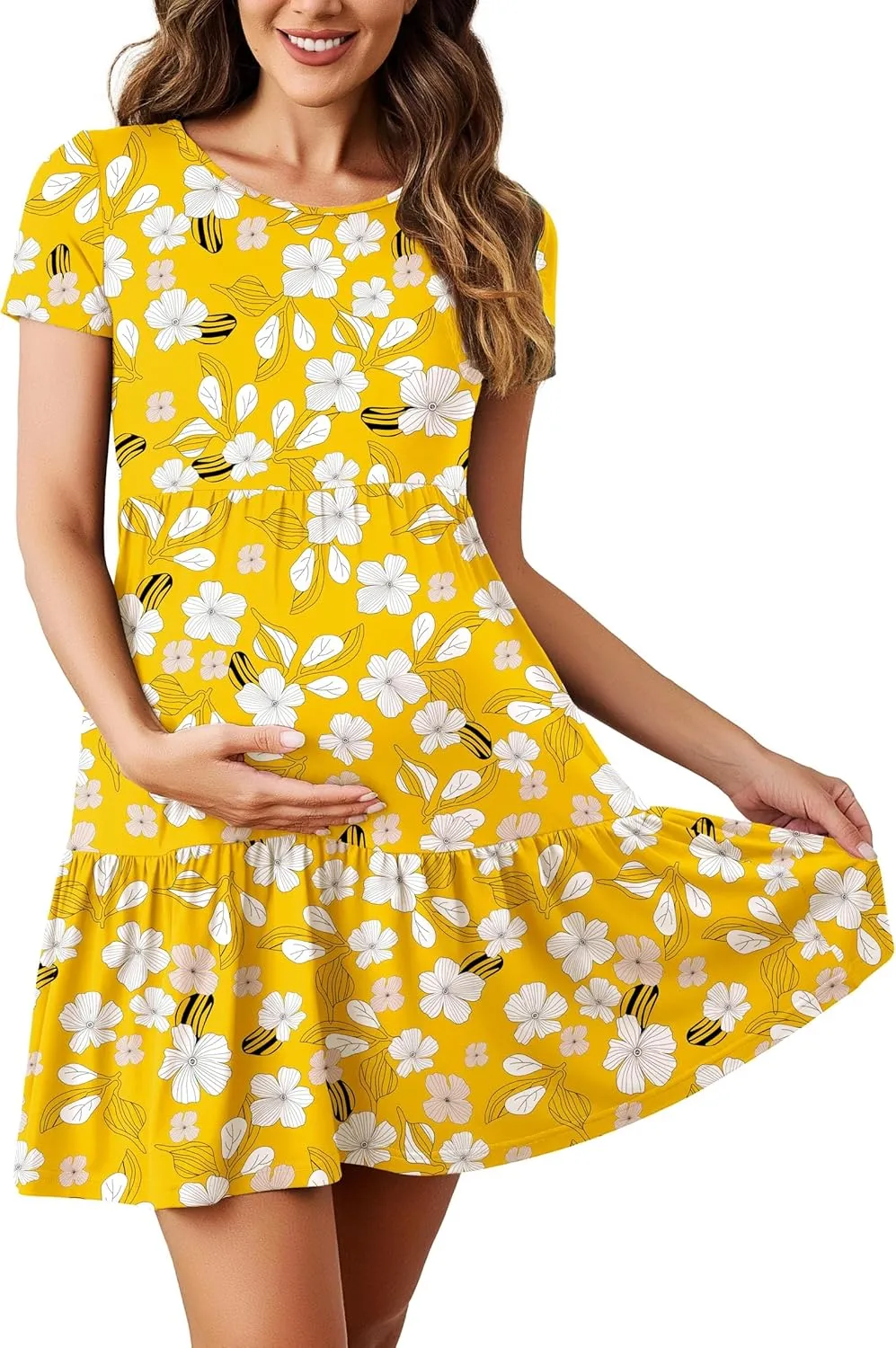 2025 Spring Summer Short Sleeve T-Shirt Dress – Ruffle Tiered Swing Sundress with Pockets for Beach & Daily Wear