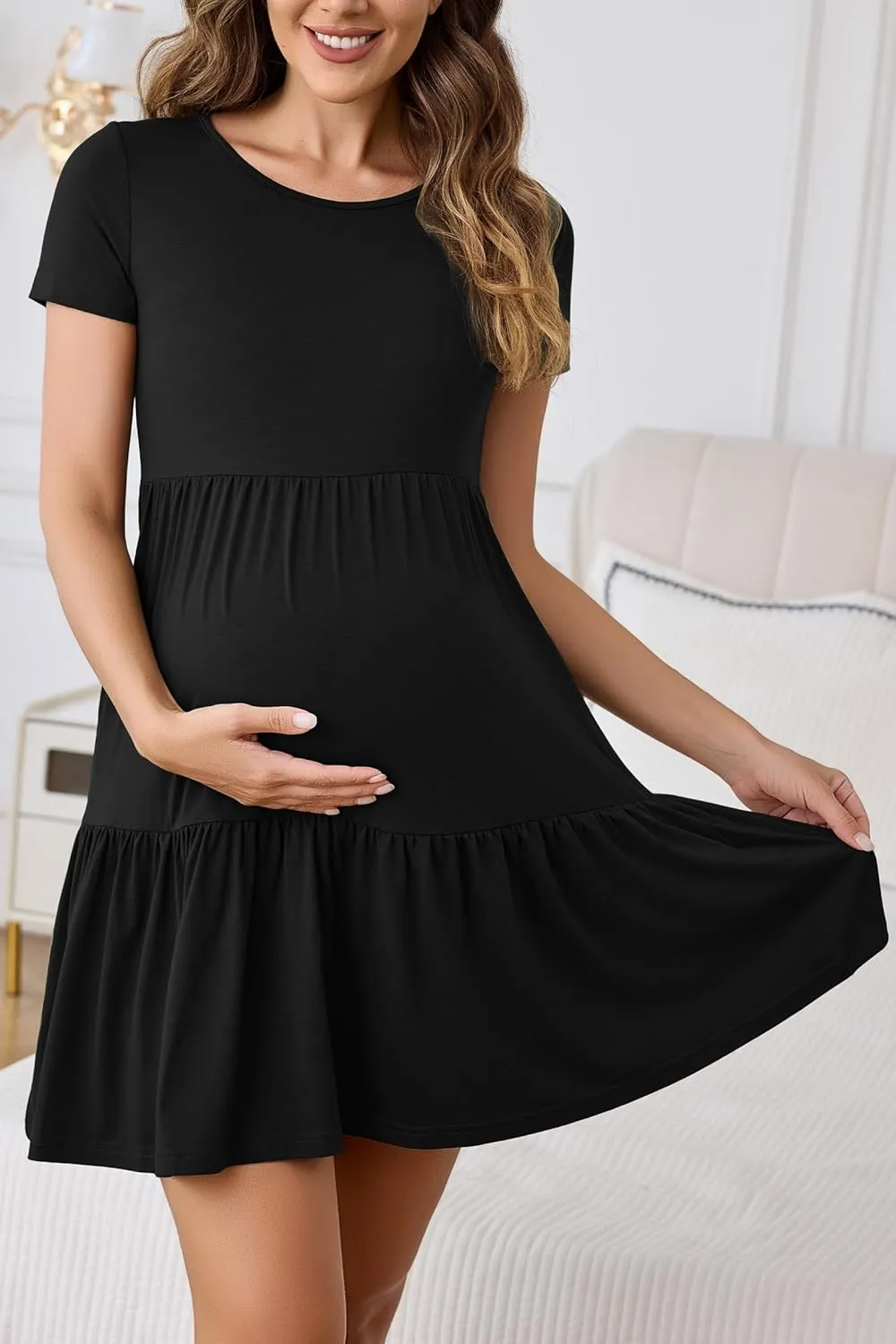 2025 Spring Summer Short Sleeve T-Shirt Dress – Ruffle Tiered Swing Sundress with Pockets for Beach & Daily Wear