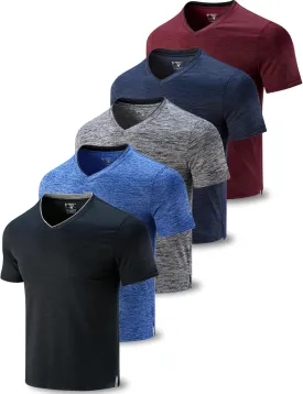 5 Pack Mens V-Neck Dry Fit T-Shirts, Active Athletic Short Sleeve Workout Tops, Performance Gym Tees (Available in Plus Size)