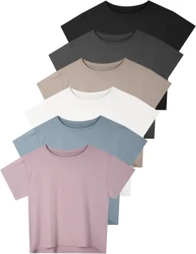 6 Pack Women's Crop Top Short Sleeve Athletic Workout Yoga Running Gym Casual Tees T-Shirts Loose Fit