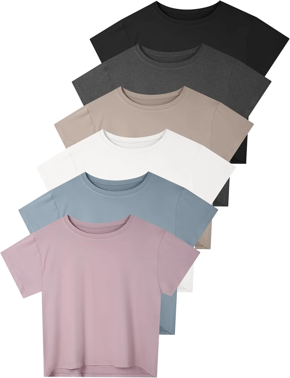 6 Pack Women's Crop Top Short Sleeve Athletic Workout Yoga Running Gym Casual Tees T-Shirts Loose Fit