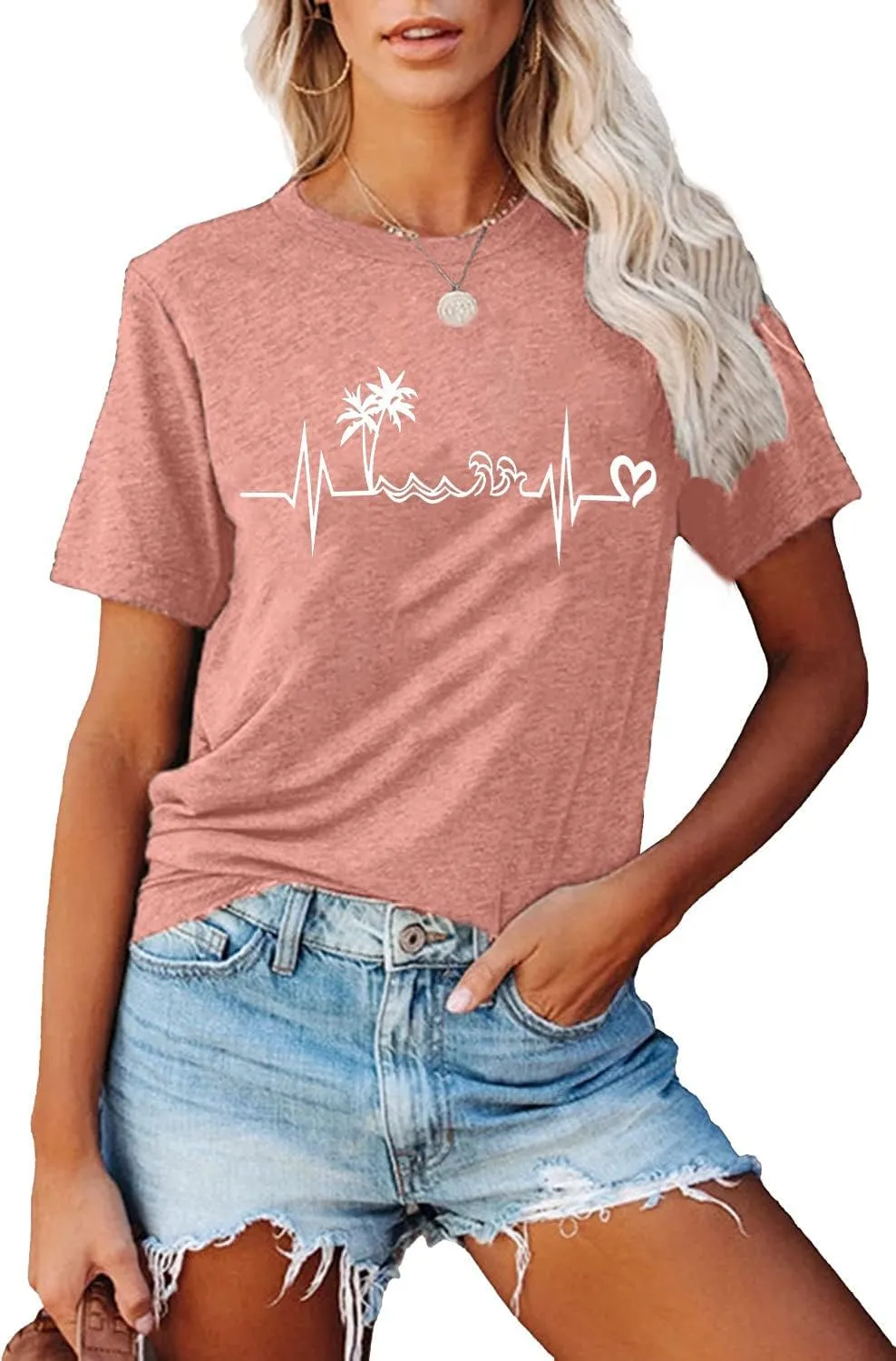 Beach Heartbeat T Shirt for Women Love Heart Graphic Tees Print Shirts Short Sleeve Casual Summer Vacation Tee Tops