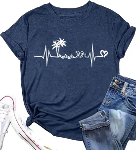 Beach Heartbeat T Shirt for Women Love Heart Graphic Tees Print Shirts Short Sleeve Casual Summer Vacation Tee Tops