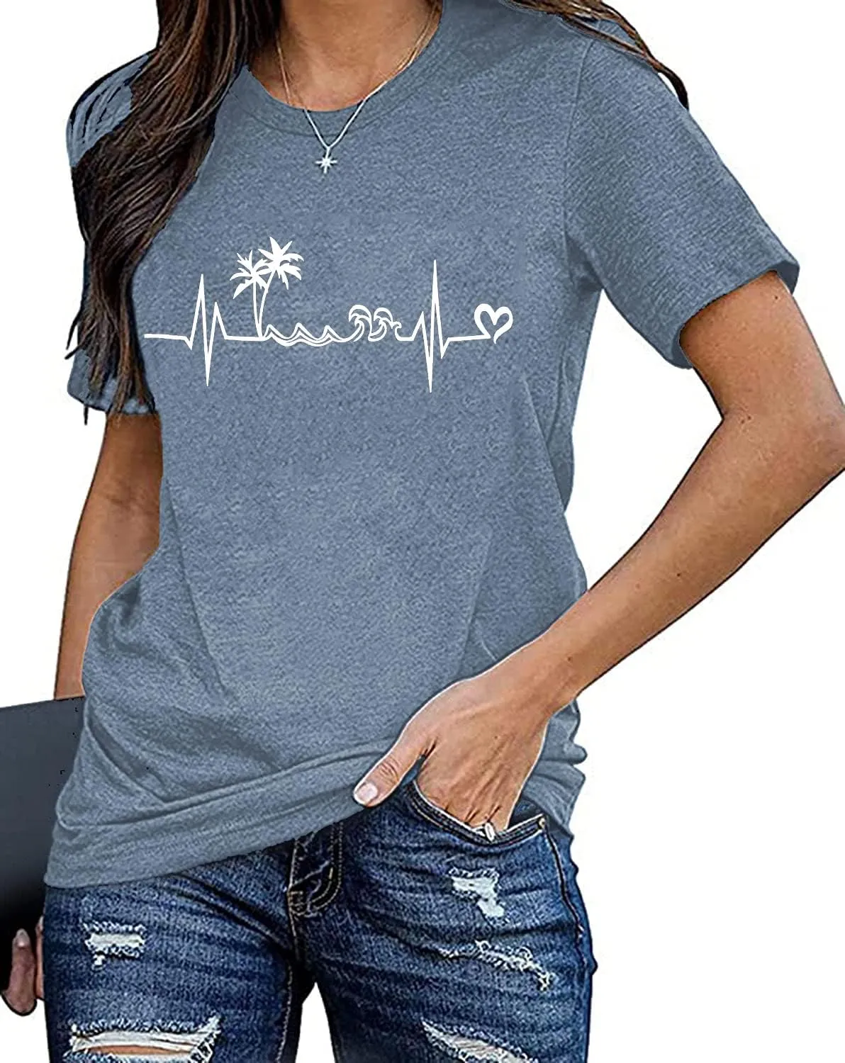 Beach Heartbeat T Shirt for Women Love Heart Graphic Tees Print Shirts Short Sleeve Casual Summer Vacation Tee Tops