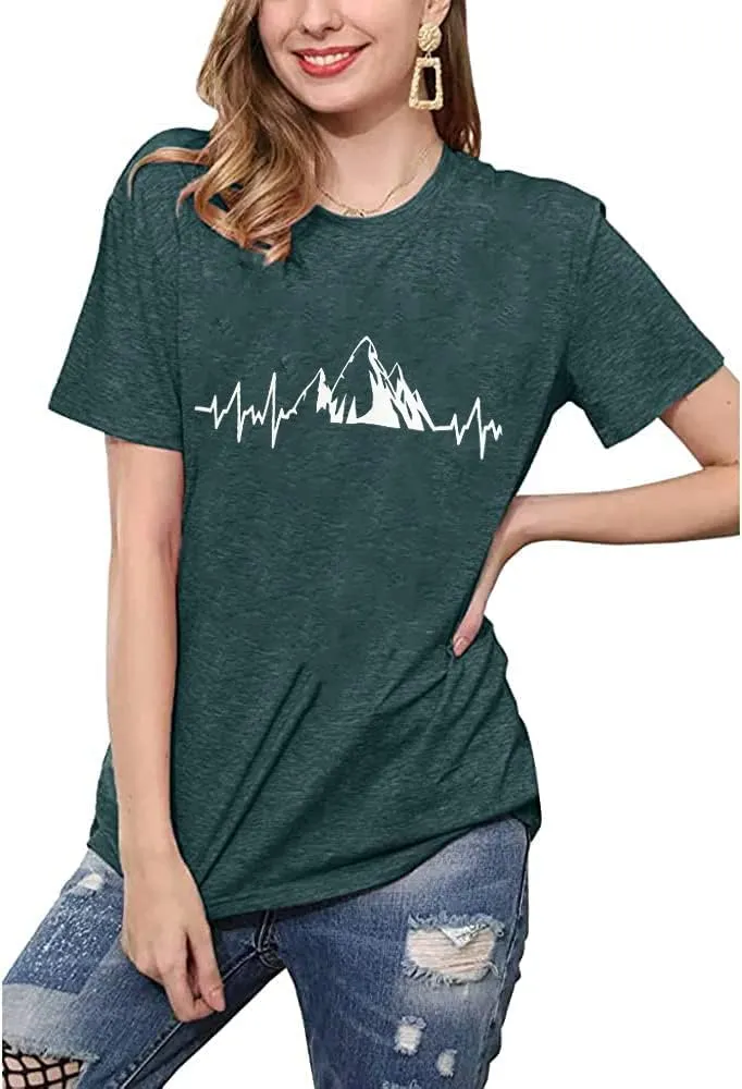 Beach Heartbeat T Shirt for Women Love Heart Graphic Tees Print Shirts Short Sleeve Casual Summer Vacation Tee Tops