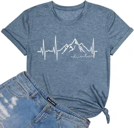 Beach Heartbeat T Shirt for Women Love Heart Graphic Tees Print Shirts Short Sleeve Casual Summer Vacation Tee Tops