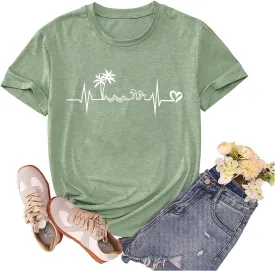 Beach Heartbeat T Shirt for Women Love Heart Graphic Tees Print Shirts Short Sleeve Casual Summer Vacation Tee Tops