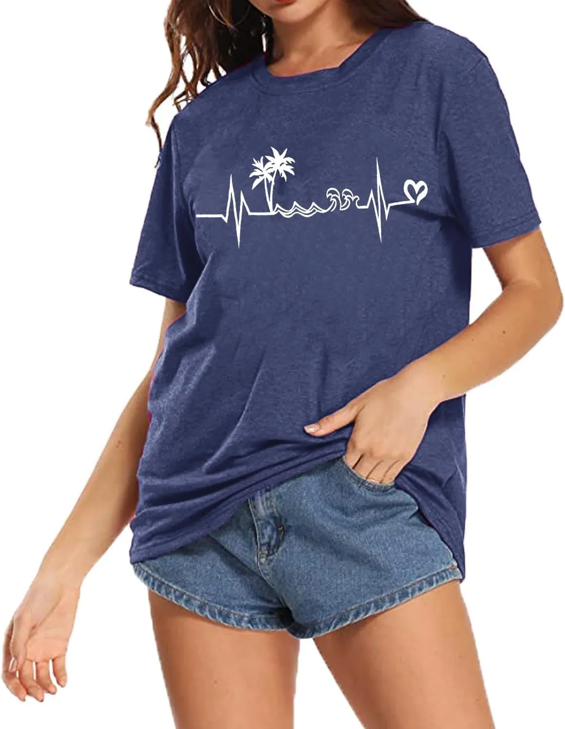 Beach Heartbeat T Shirt for Women Love Heart Graphic Tees Print Shirts Short Sleeve Casual Summer Vacation Tee Tops