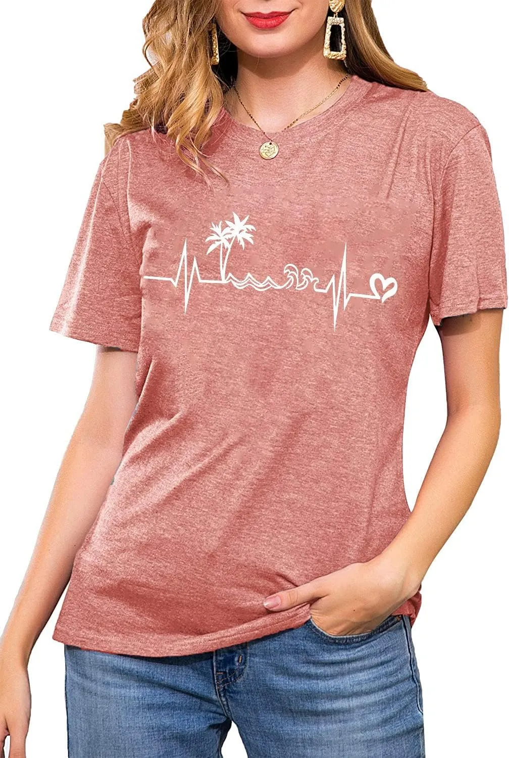 Beach Heartbeat T Shirt for Women Love Heart Graphic Tees Print Shirts Short Sleeve Casual Summer Vacation Tee Tops