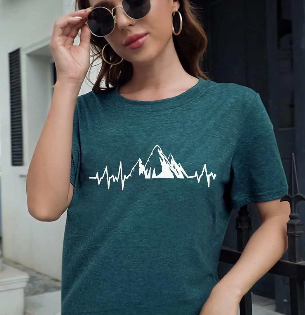 Beach Heartbeat T Shirt for Women Love Heart Graphic Tees Print Shirts Short Sleeve Casual Summer Vacation Tee Tops