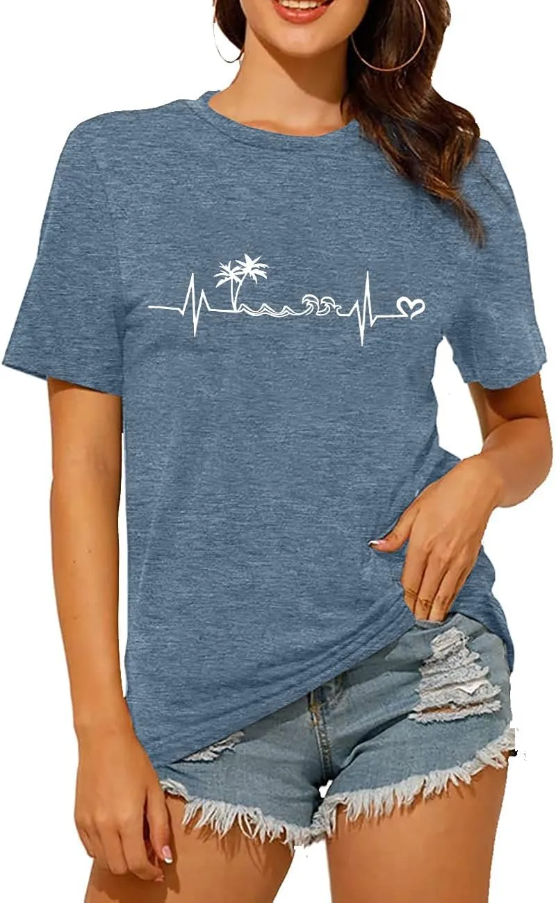 Beach Heartbeat T Shirt for Women Love Heart Graphic Tees Print Shirts Short Sleeve Casual Summer Vacation Tee Tops