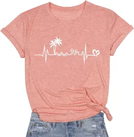 Beach Heartbeat T Shirt for Women Love Heart Graphic Tees Print Shirts Short Sleeve Casual Summer Vacation Tee Tops