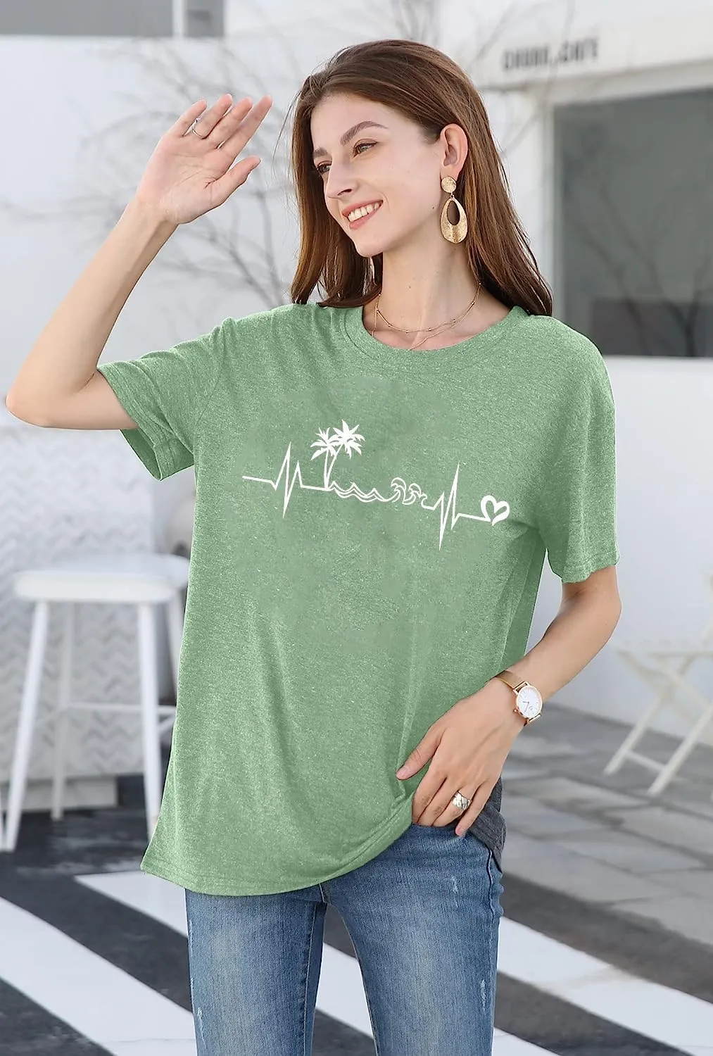 Beach Heartbeat T Shirt for Women Love Heart Graphic Tees Print Shirts Short Sleeve Casual Summer Vacation Tee Tops