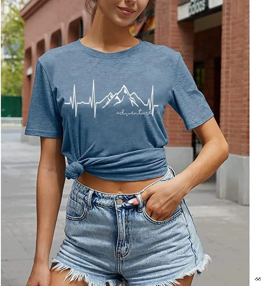 Beach Heartbeat T Shirt for Women Love Heart Graphic Tees Print Shirts Short Sleeve Casual Summer Vacation Tee Tops