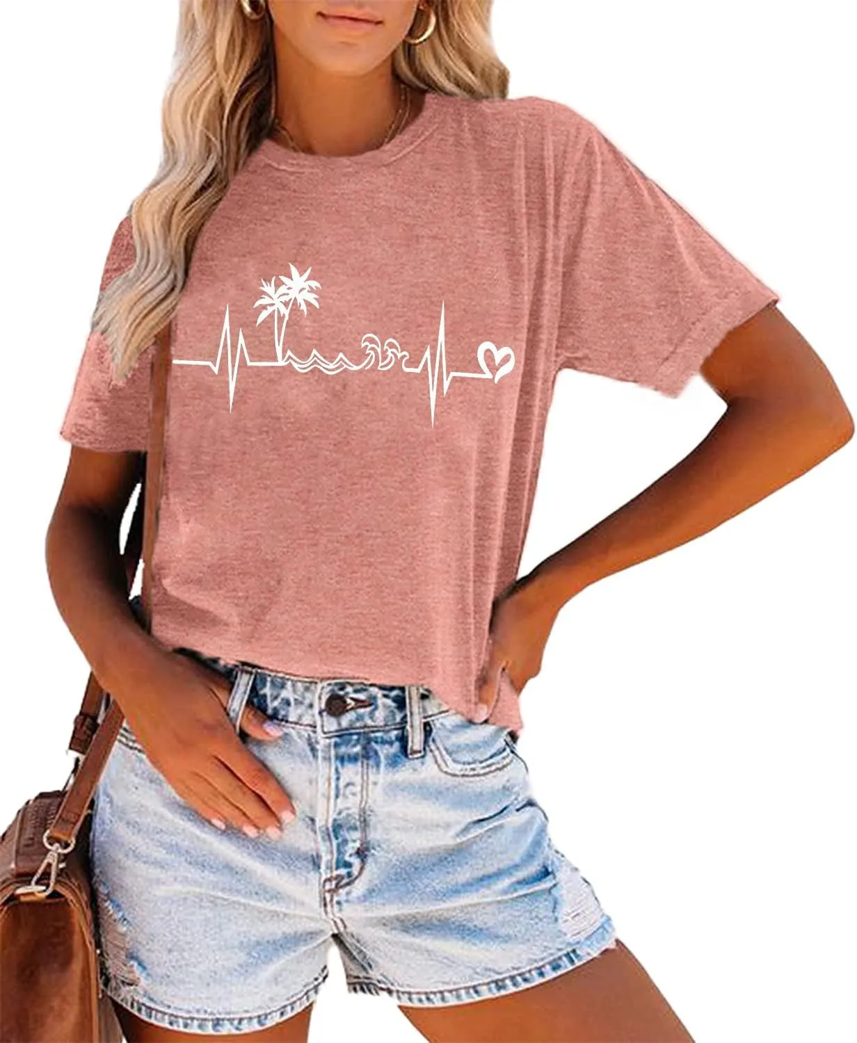 Beach Heartbeat T Shirt for Women Love Heart Graphic Tees Print Shirts Short Sleeve Casual Summer Vacation Tee Tops