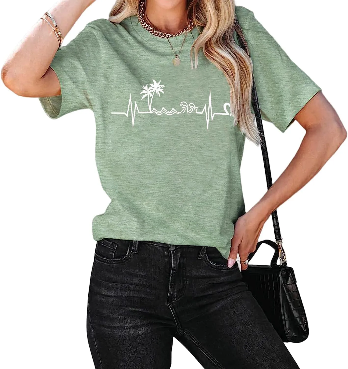 Beach Heartbeat T Shirt for Women Love Heart Graphic Tees Print Shirts Short Sleeve Casual Summer Vacation Tee Tops