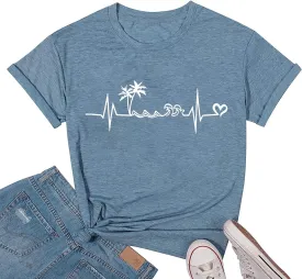 Beach Heartbeat T Shirt for Women Love Heart Graphic Tees Print Shirts Short Sleeve Casual Summer Vacation Tee Tops