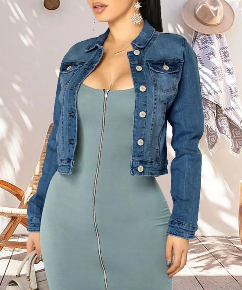 BessCops Denim Jacket for Women Spring Long Sleeve Classic Distressed Butterfly Jean Trucker Jackets