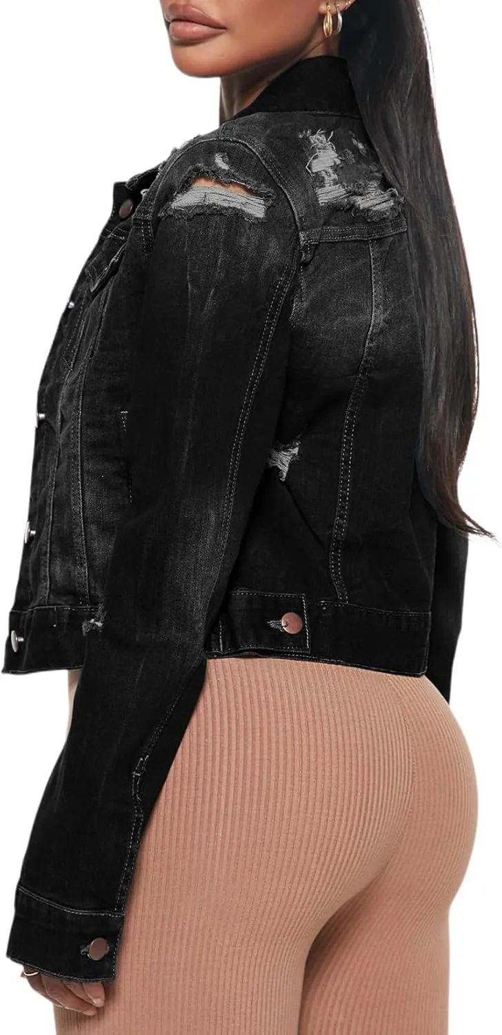 BessCops Denim Jacket for Women Spring Long Sleeve Classic Distressed Butterfly Jean Trucker Jackets