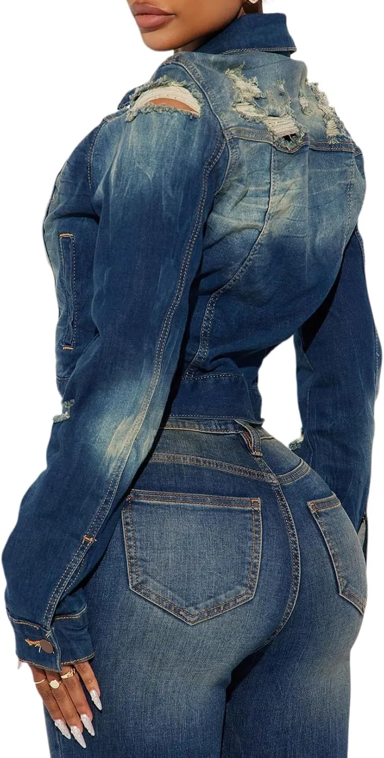 BessCops Denim Jacket for Women Spring Long Sleeve Classic Distressed Butterfly Jean Trucker Jackets