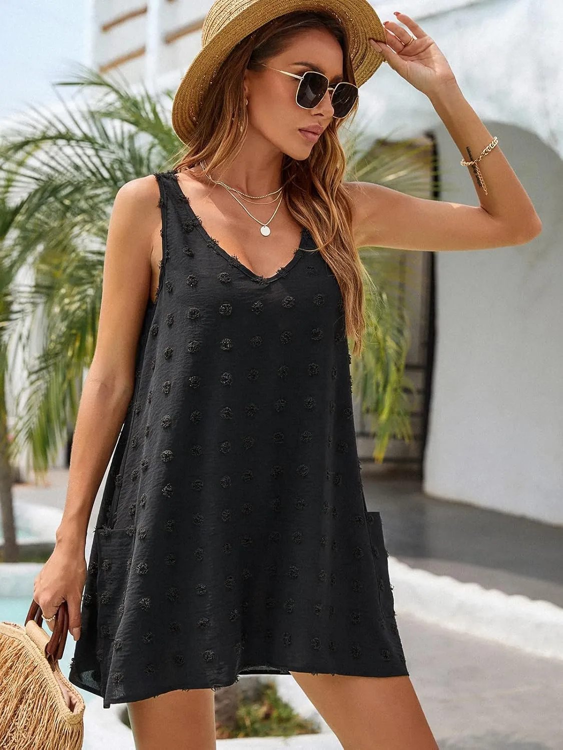 Blooming Jelly Womens Casual Sun Summer Dresses Swiss Polka Dot Beach Cover Up V Neck Tank Dress with Pockets