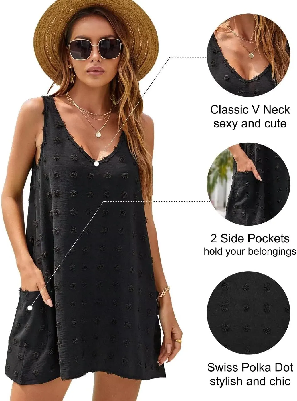 Blooming Jelly Womens Casual Sun Summer Dresses Swiss Polka Dot Beach Cover Up V Neck Tank Dress with Pockets