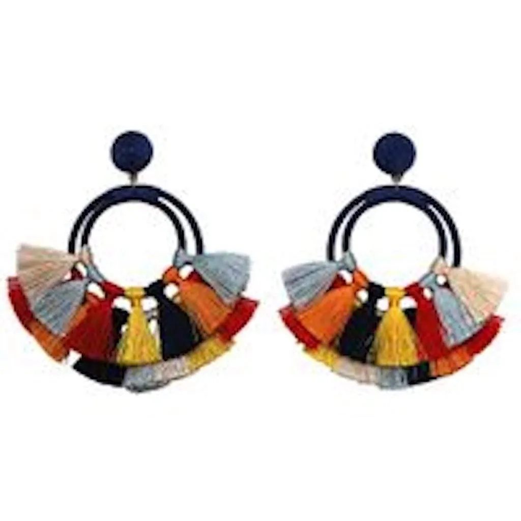Bohemian Womens Blue Tassel Hoop Earrings