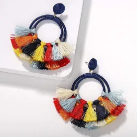 Bohemian Womens Blue Tassel Hoop Earrings