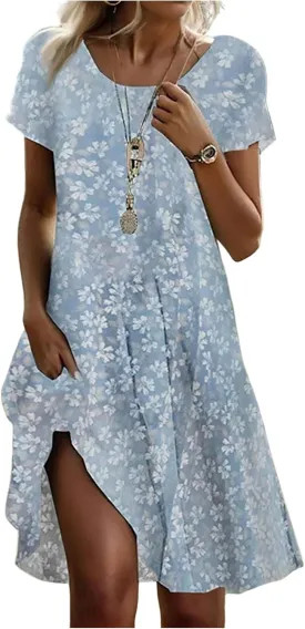 Boho Dresses for Women 2025 Summer Floral Print Short Sleeve Midi Dress Casual Loose A Line Beach Sun Dresses with Pockets