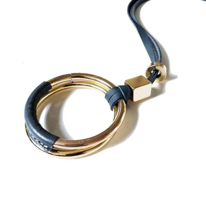 Boho Womens Gold Tone Double Ring Blue Leather Pendant Necklace