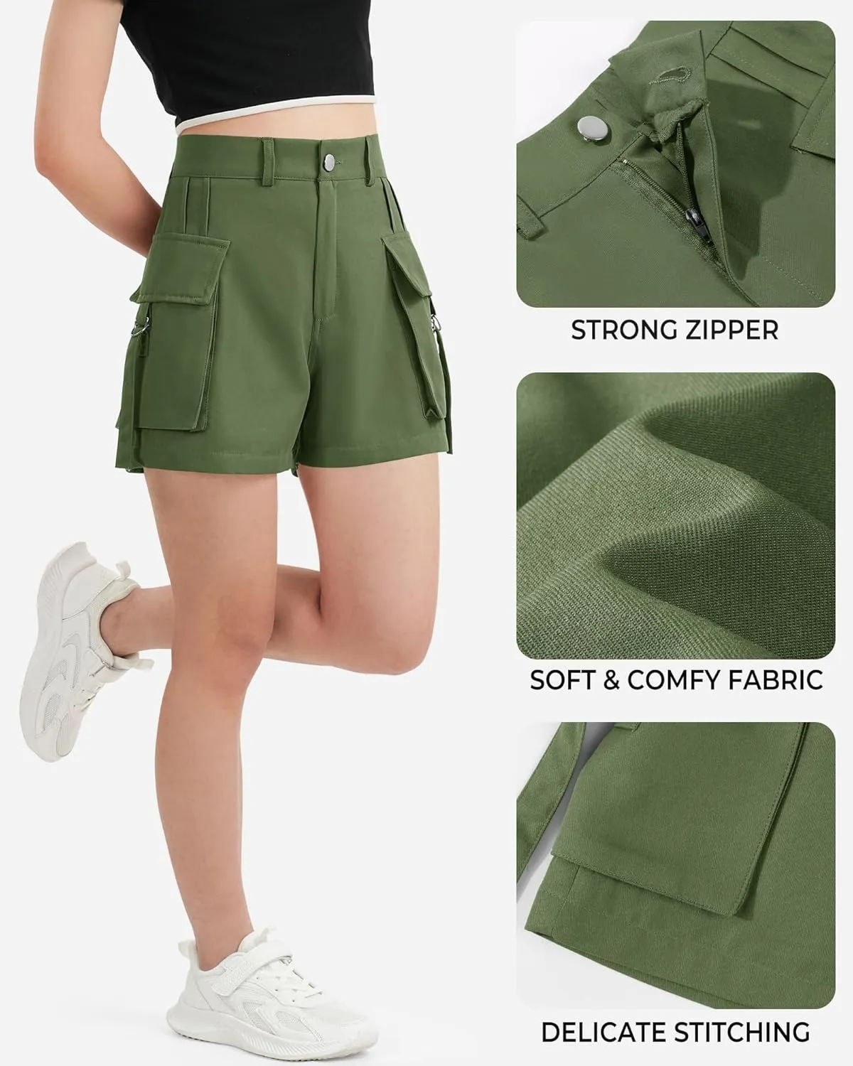 BOOPH Girls Hiking Cargo Shorts Kids Lightweight Pockets Athletic Summer Casual Uniform Shorts for Girls 6-14Y