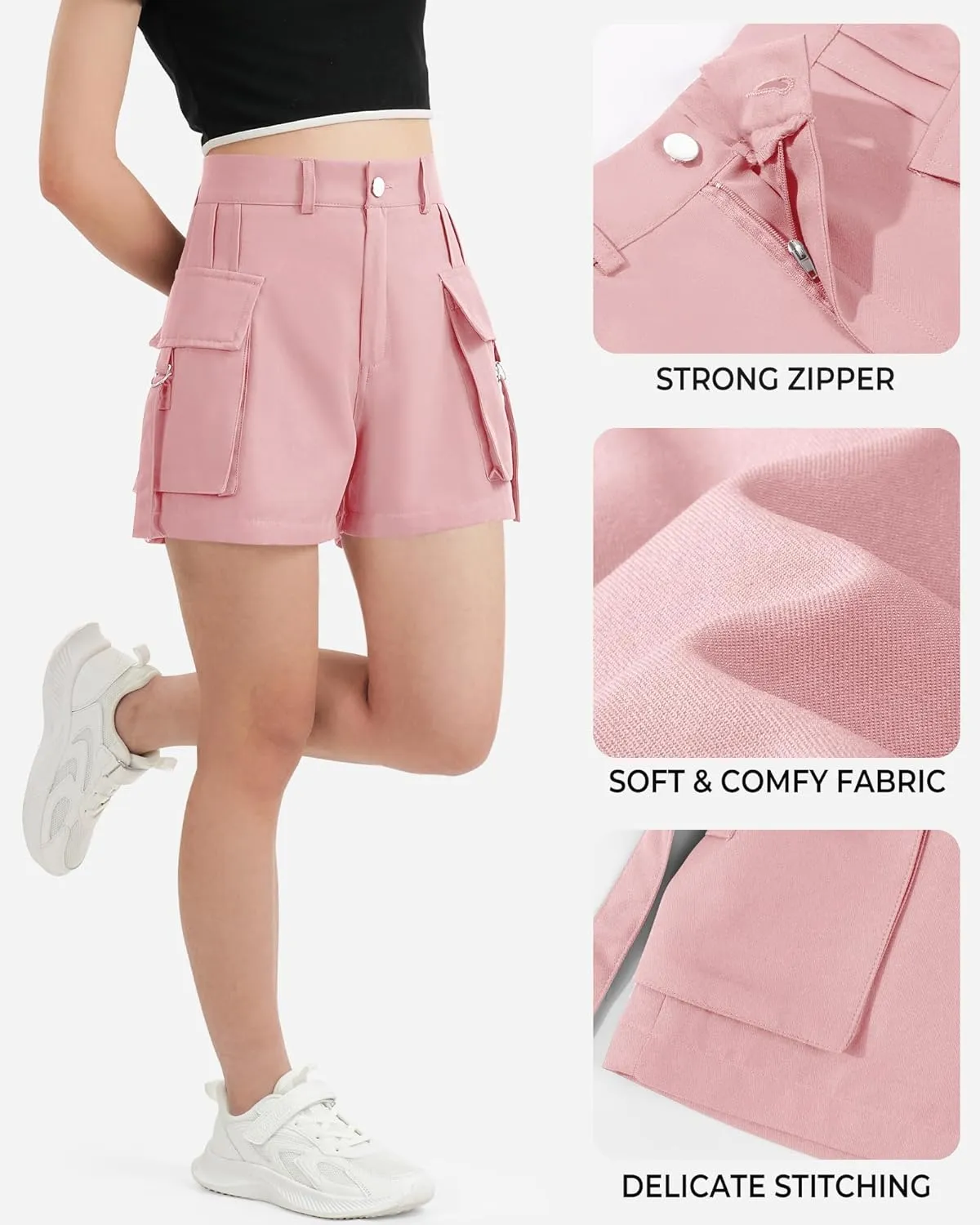 BOOPH Girls Hiking Cargo Shorts Kids Lightweight Pockets Athletic Summer Casual Uniform Shorts for Girls 6-14Y