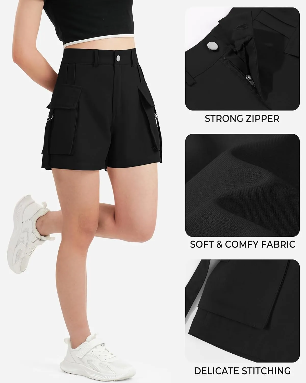 BOOPH Girls Hiking Cargo Shorts Kids Lightweight Pockets Athletic Summer Casual Uniform Shorts for Girls 6-14Y