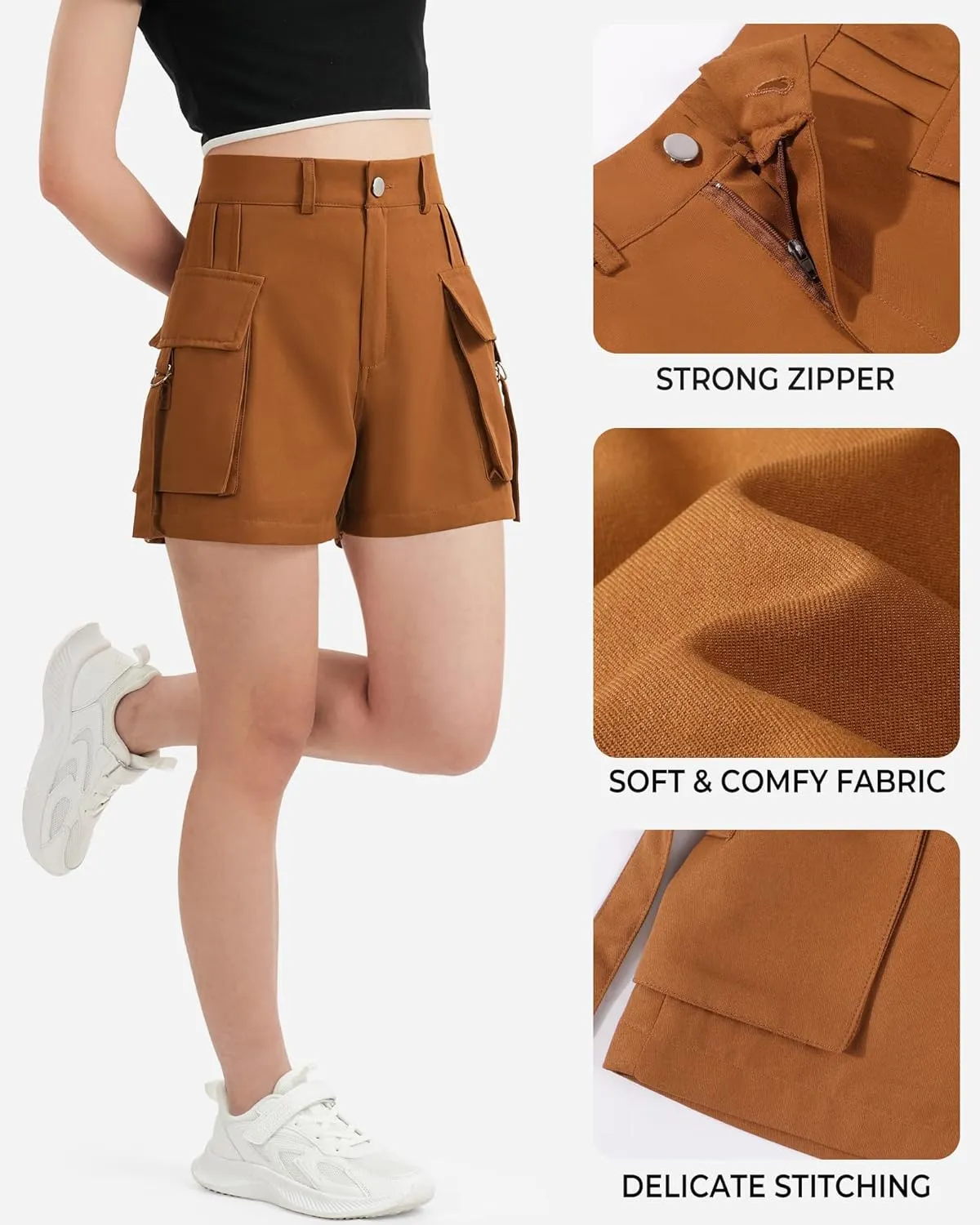 BOOPH Girls Hiking Cargo Shorts Kids Lightweight Pockets Athletic Summer Casual Uniform Shorts for Girls 6-14Y