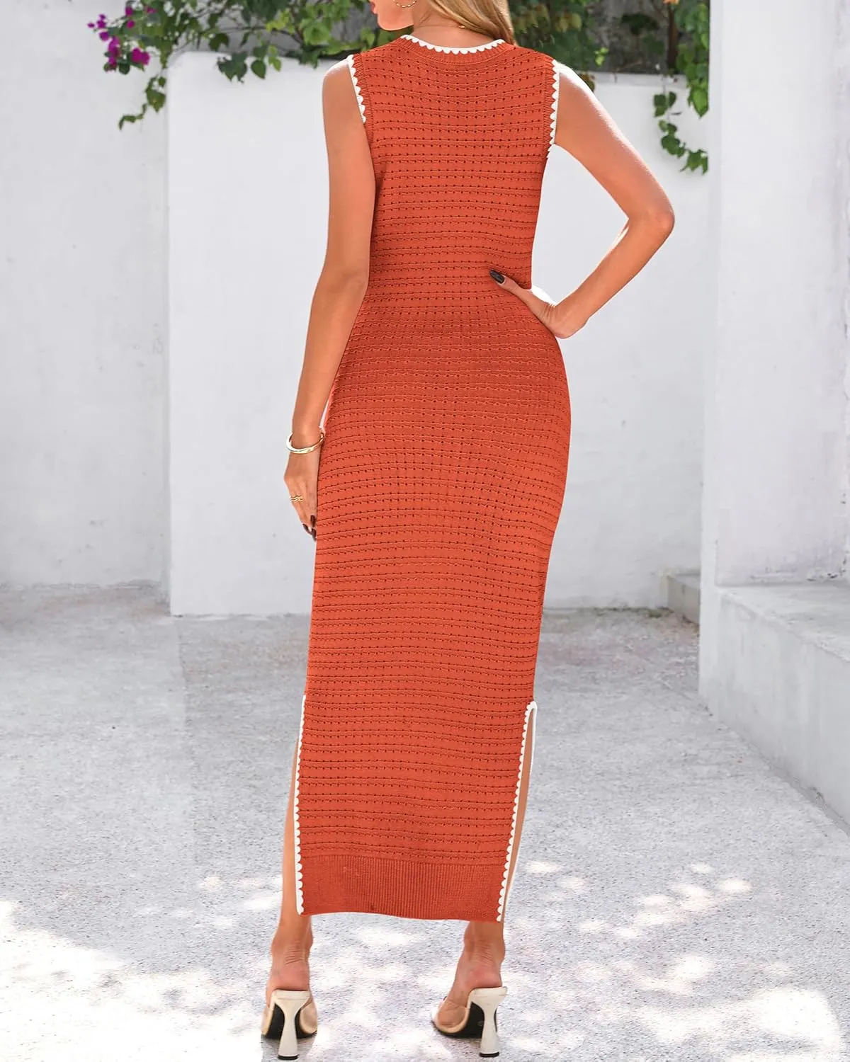 BTFBM Womens Knit Bodycon Midi Dress Casual Sleeveless See Through Cover Up Dresses Crew Neck Slit Tank Summer Dresses
