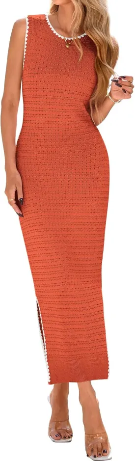 BTFBM Womens Knit Bodycon Midi Dress Casual Sleeveless See Through Cover Up Dresses Crew Neck Slit Tank Summer Dresses
